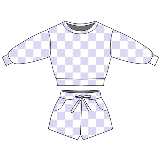 Baby Girls Lavender Checked Long Sleeve Top Pockets Shorts Clothes Sets Preorder