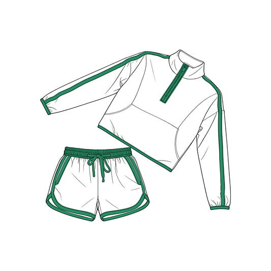 Baby Girls Long Sleeve Green Pockets Zip Pullover Top Short Clothes Set Preorder