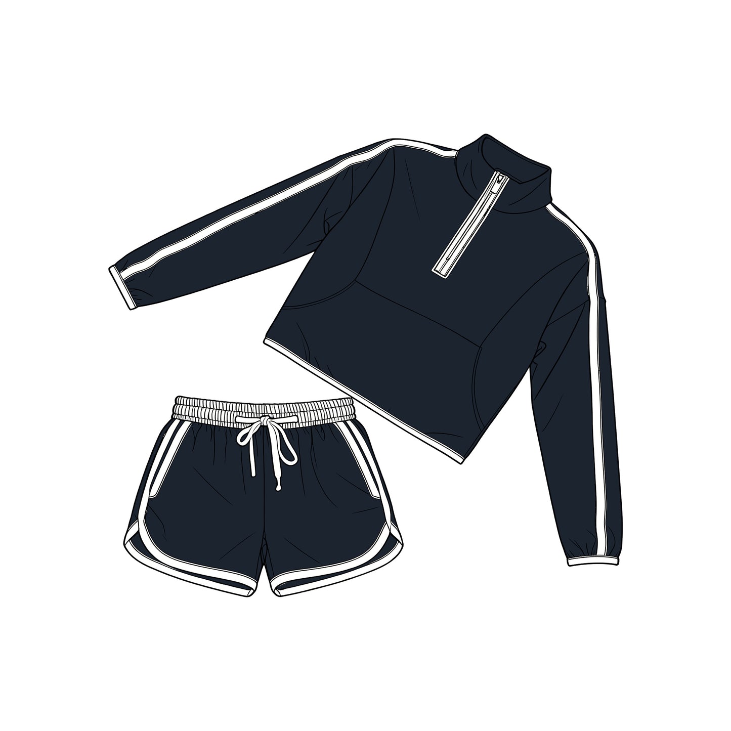 Baby Girls Long Sleeve Navy Pockets Zip Pullover Top Short Clothes Set Preorder