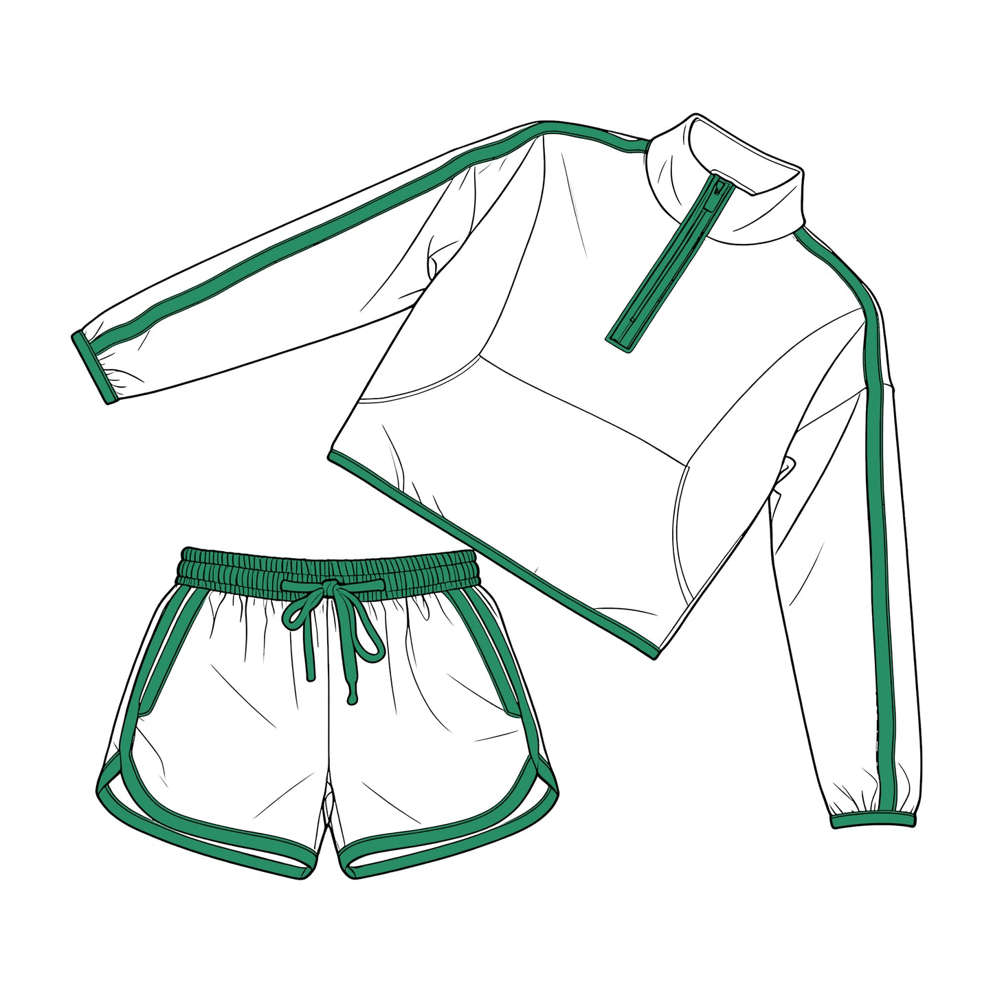 Adult Women Green Pocket Zip Pullover Top Shorts Clothes Set Preorder