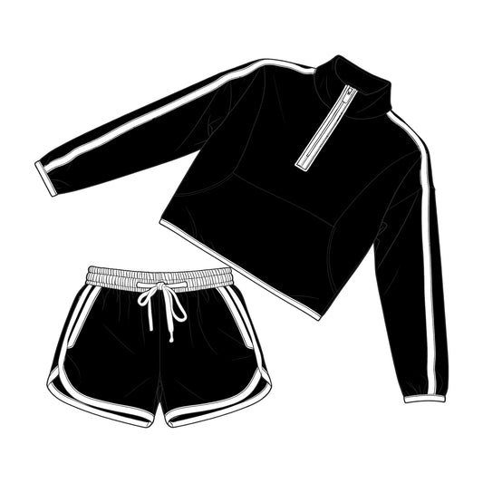 Adult Women Black Pocket Zip Pullover Top Shorts Clothes Set Preorder