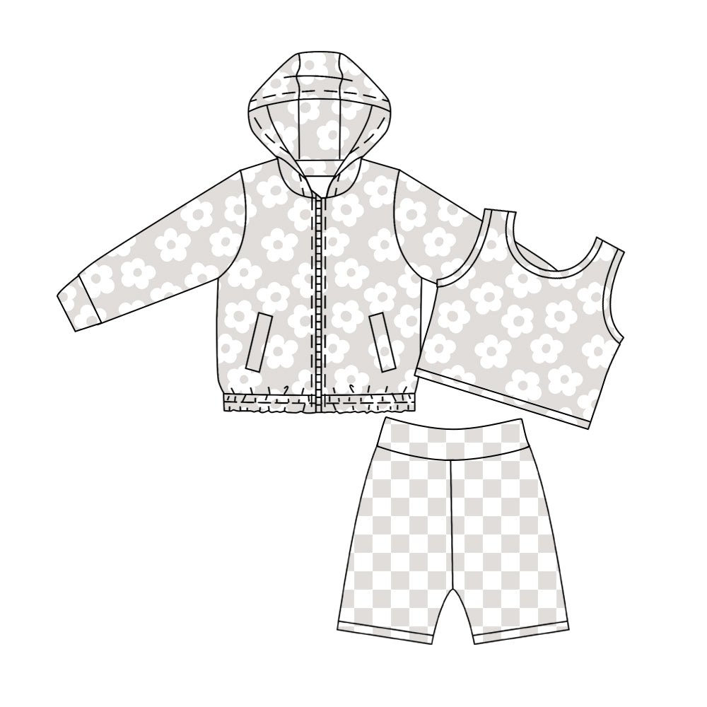 Baby Girls Flowers Zip Pockets Hoodie Vest Top Short Yoga Active Clothes Sets Preorder