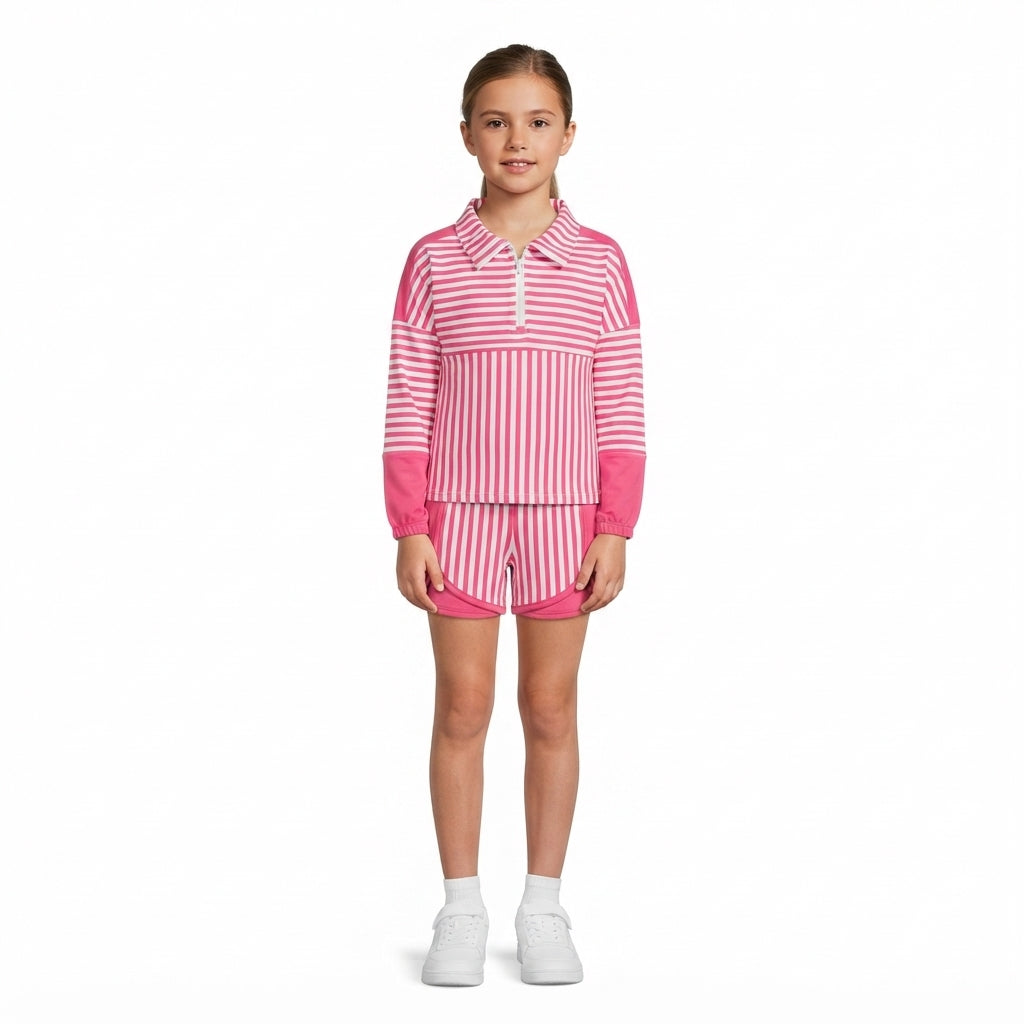 Baby Girls Pink Stripe Zip Pullovers Shorts Yoga Active Clothes Sets