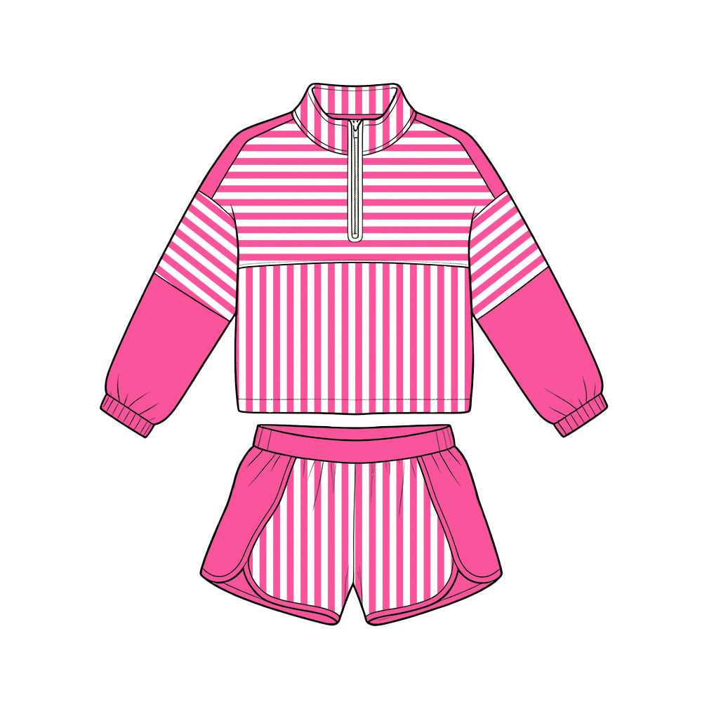 Preorder moq 5 Baby Girls Pink Stripe Zip Pullovers Shorts Yoga Active Clothes Sets