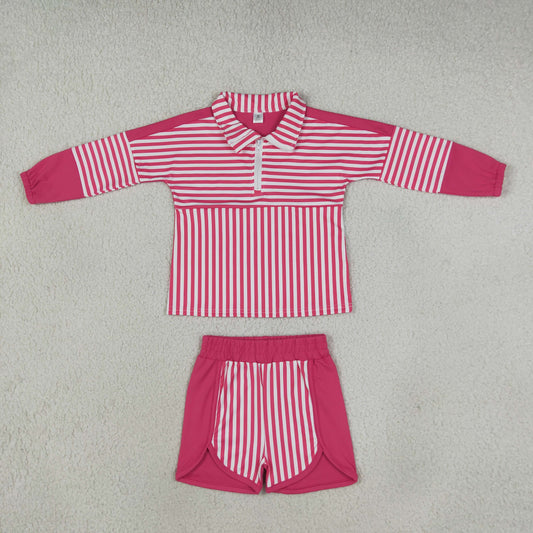 Baby Girls Pink Stripe Zip Pullovers Shorts Yoga Active Clothes Sets
