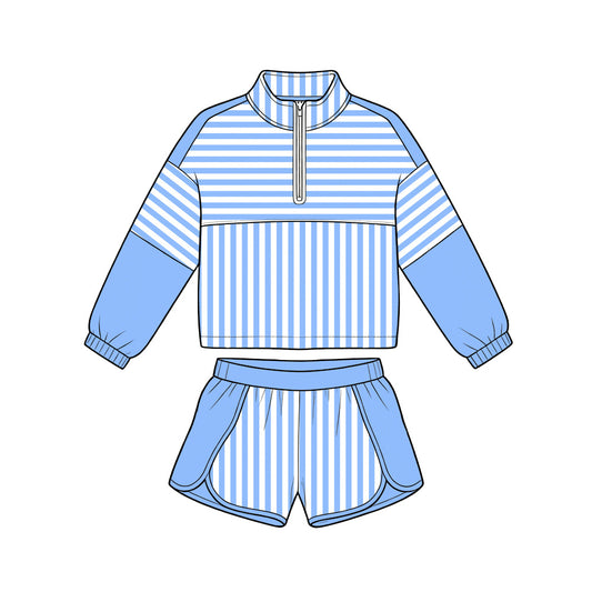 Preorder moq 5 Baby Girls Blue Stripe Zip Pullovers Shorts Yoga Active Clothes Sets