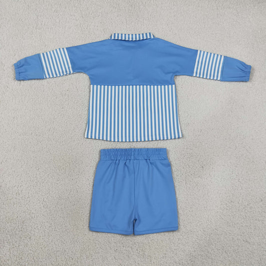 Baby Girls Blue Stripe Zip Pullovers Shorts Yoga Active Clothes Sets