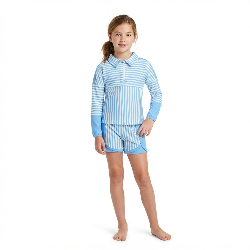 Baby Girls Blue Stripe Zip Pullovers Shorts Yoga Active Clothes Sets