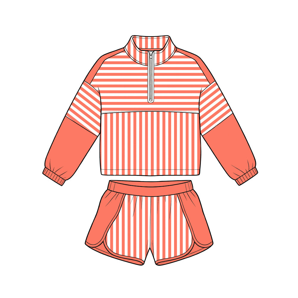 Preorder moq 5 Baby Girls Orange Stripe Zip Pullovers Shorts Yoga Active Clothes Sets