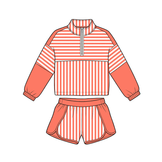 Preorder moq 5 Baby Girls Orange Stripe Zip Pullovers Shorts Yoga Active Clothes Sets