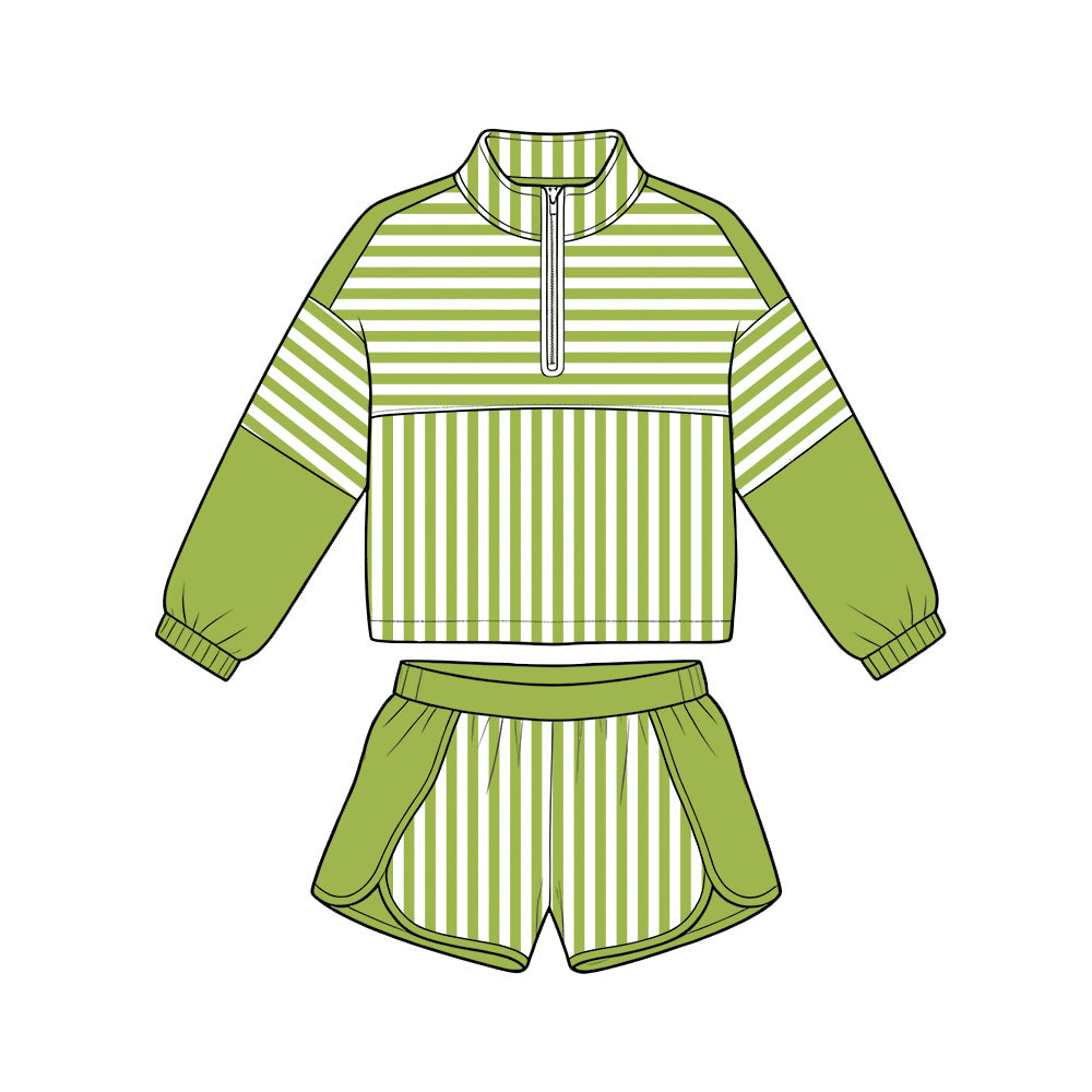 Preorder moq 5 Baby Girls Green Stripe Zip Pullovers Shorts Yoga Active Clothes Sets