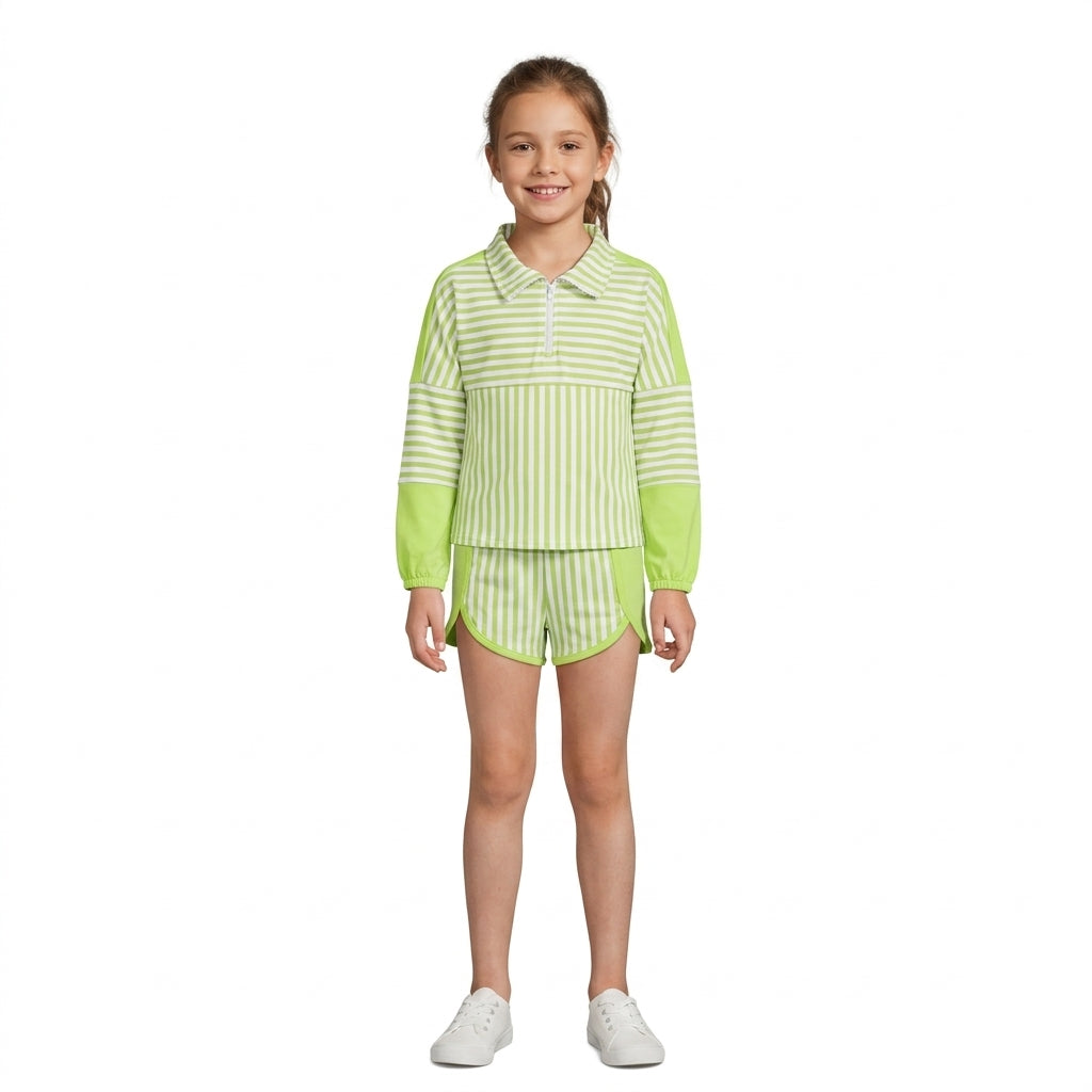 Baby Girls Green Stripe Zip Pullovers Shorts Yoga Active Clothes Sets