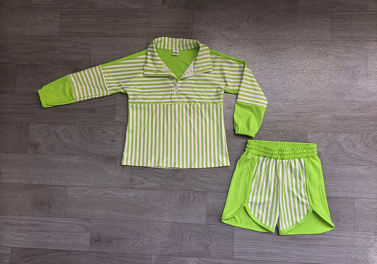Baby Girls Green Stripe Zip Pullovers Shorts Yoga Active Clothes Sets Preorder