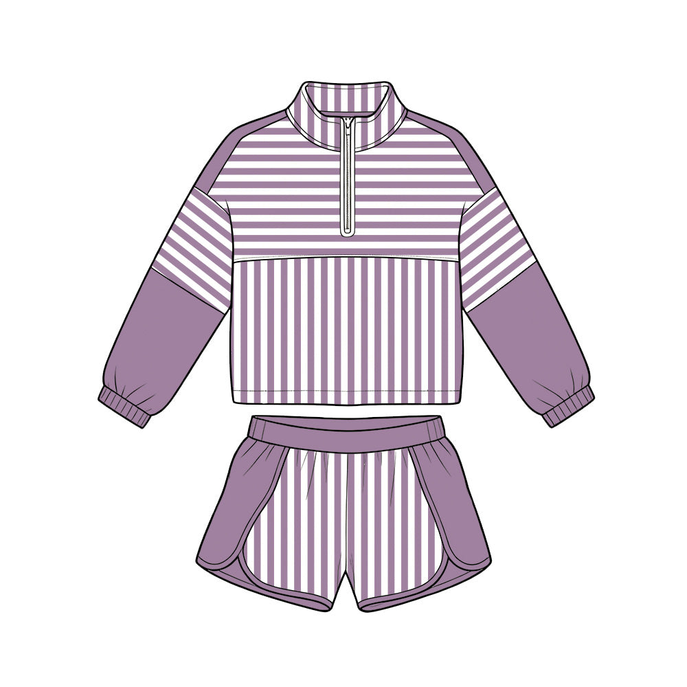 Preorder moq 5 Baby Girls Purple Stripe Zip Pullovers Shorts Yoga Active Clothes Sets