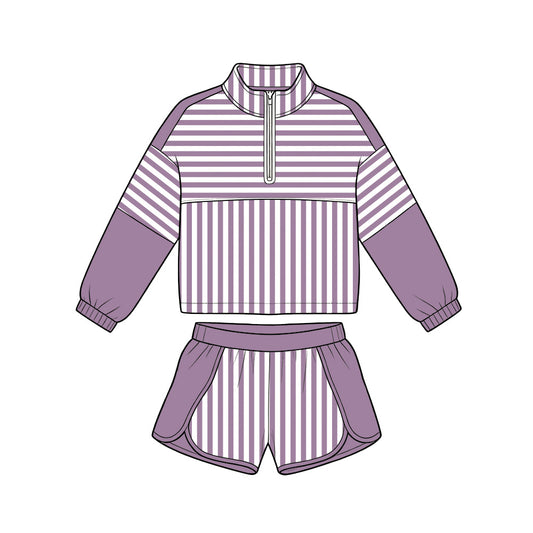 Preorder moq 5 Baby Girls Purple Stripe Zip Pullovers Shorts Yoga Active Clothes Sets
