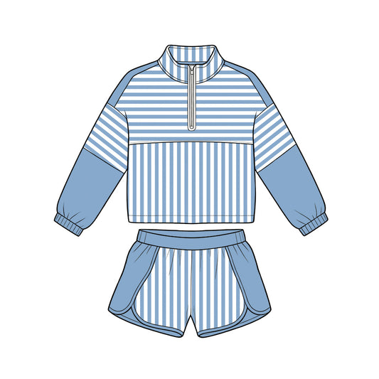 Preorder moq 5 Baby Girls Hot Blue Stripe Zip Pullovers Shorts Yoga Active Clothes Sets
