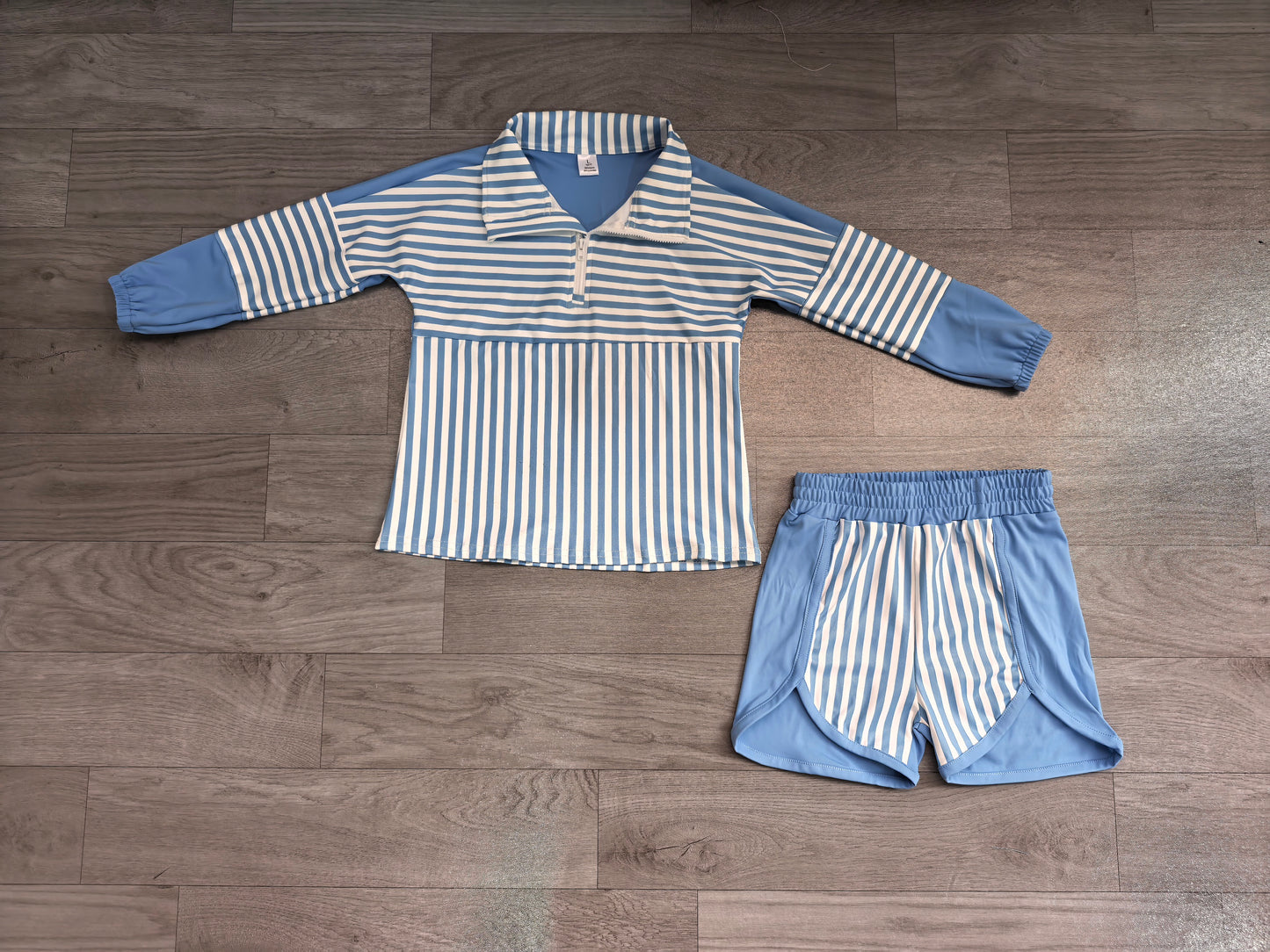 Baby Girls Hot Blue Stripe Zip Pullovers Shorts Yoga Active Clothes Sets Preorder