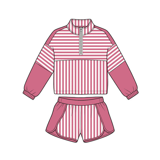 Preorder moq 5 Baby Girls Hot Pink Stripe Zip Pullovers Shorts Yoga Active Clothes Sets