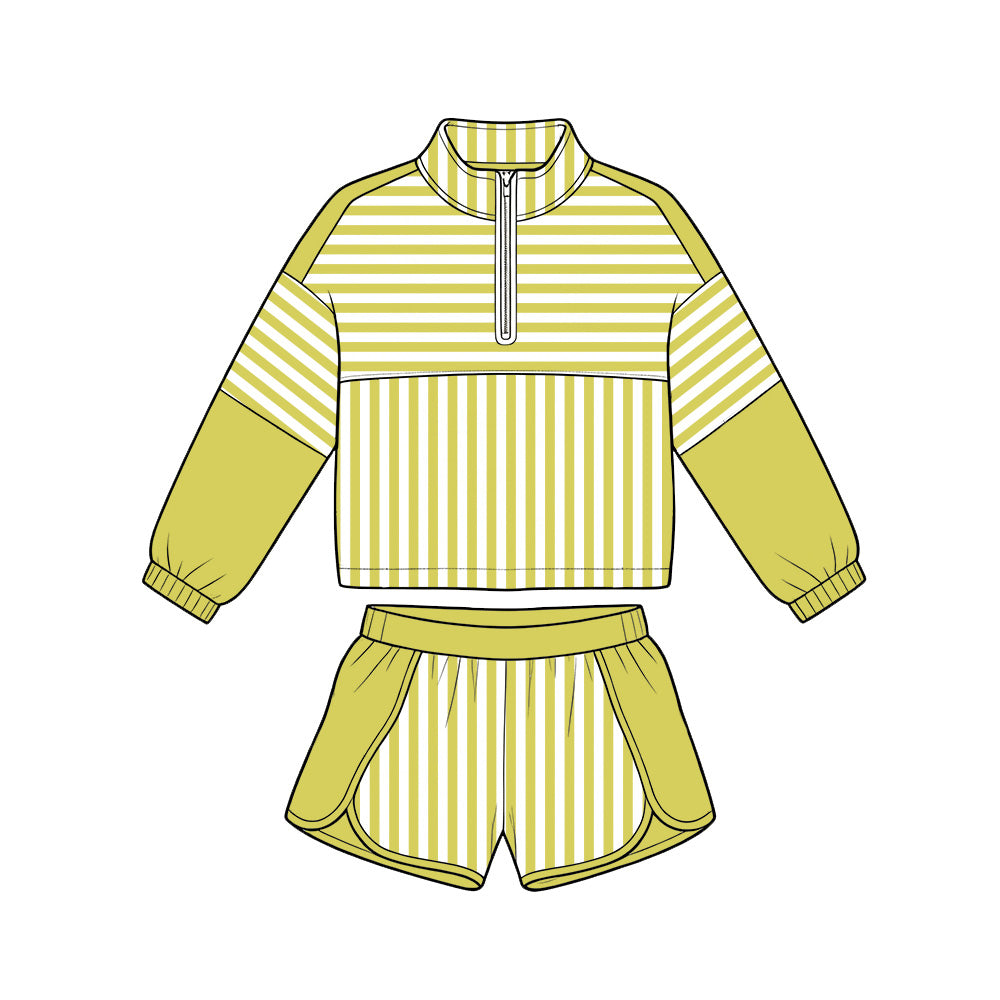 Preorder moq 5 Baby Girls Light Green Stripe Zip Pullovers Shorts Yoga Active Clothes Sets