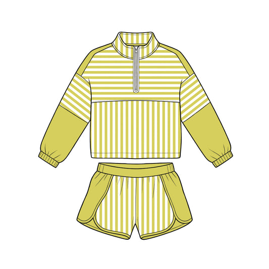 Preorder moq 5 Baby Girls Light Green Stripe Zip Pullovers Shorts Yoga Active Clothes Sets