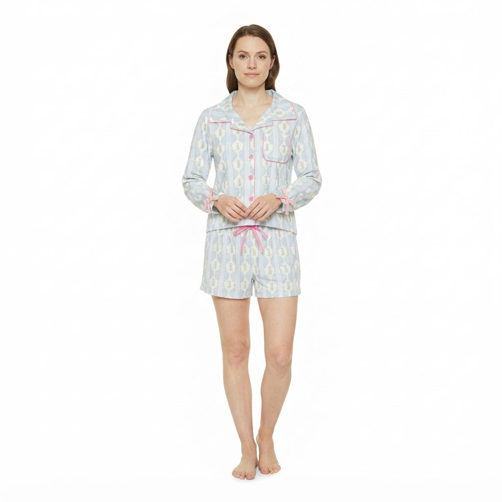 Adult Women Bows Trees Button Pocket Top Shorts Christmas Pajamas Set