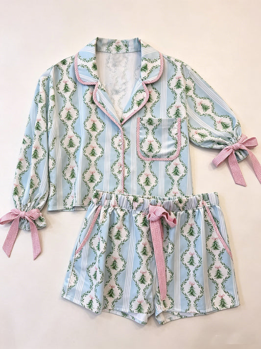 Preorder moq 5 Adult Women Bows Trees Button Pocket Top Shorts Christmas Pajamas Sets