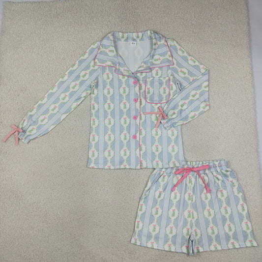 Adult Women Blue Bows Trees Button Pocket Top Shorts Christmas Pajamas Set