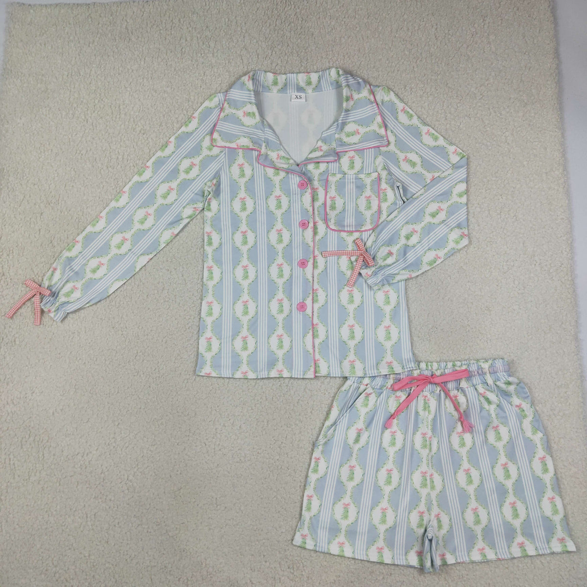 Sibling Adult Women Long Sleeve Trees Bows Button Pockets Short Christmas Halloween Pajamas Sets