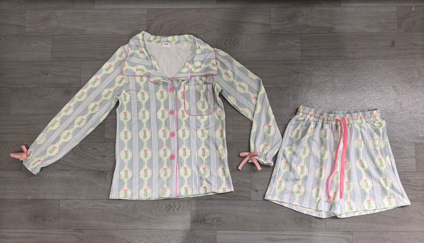 Adult Women Bows Trees Button Pocket Top Shorts Christmas Pajamas Sets Preorder