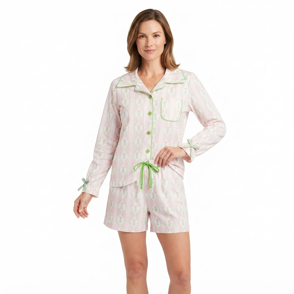 Adult Women Pink Bows Trees Button Pocket Top Shorts Christmas Pajamas Set