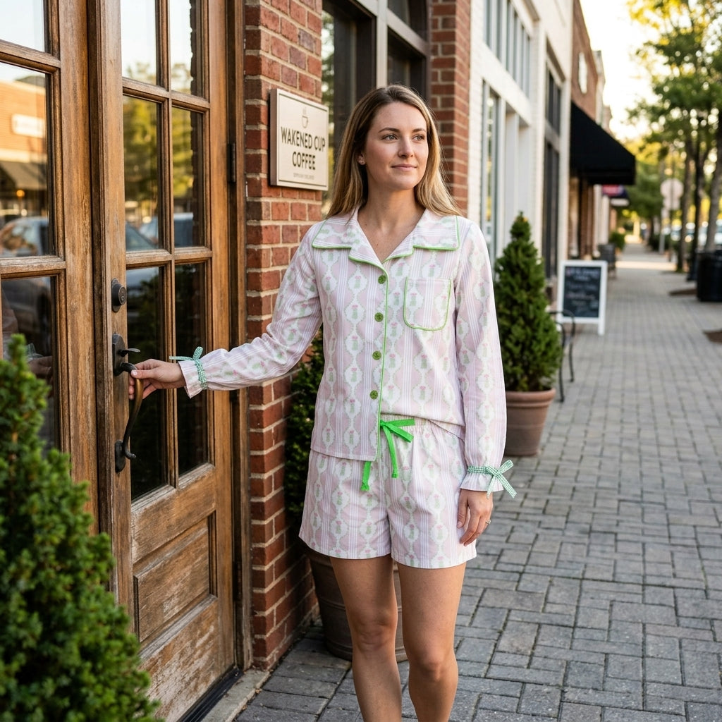 Adult Women Pink Bows Trees Button Pocket Top Shorts Christmas Pajamas Set