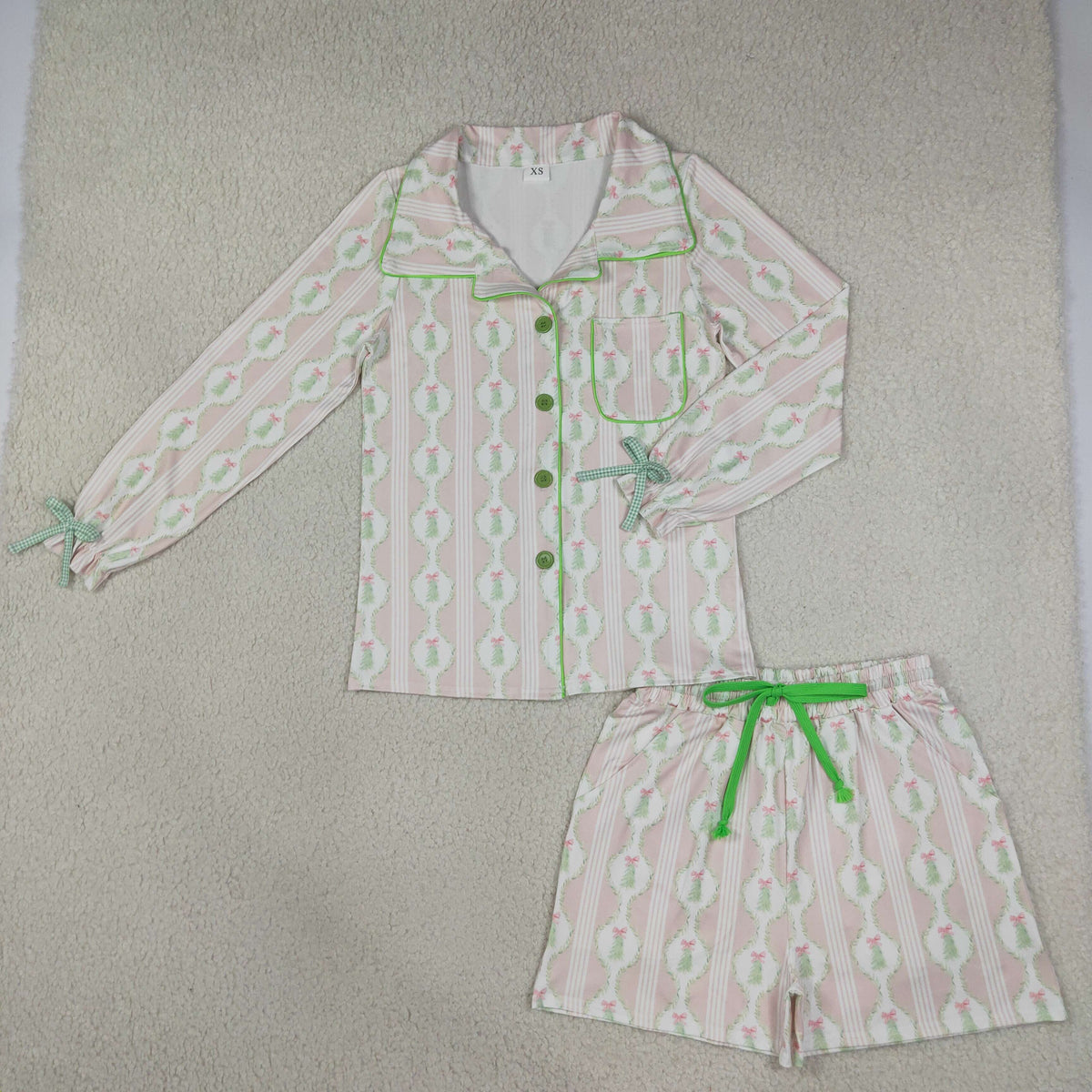 Mama and Me Girls Pink Bows Trees Button Pocket Long Sleeves Short Pajamas Sets