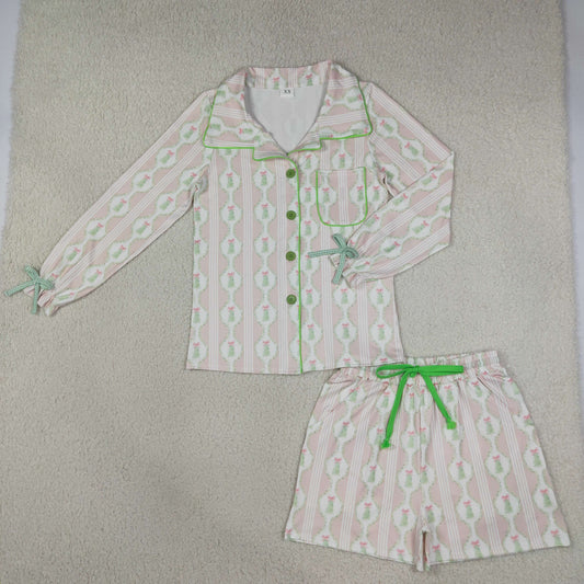 Mama and Me Girls Pink Bows Trees Button Pocket Long Sleeves Short Pajamas Sets