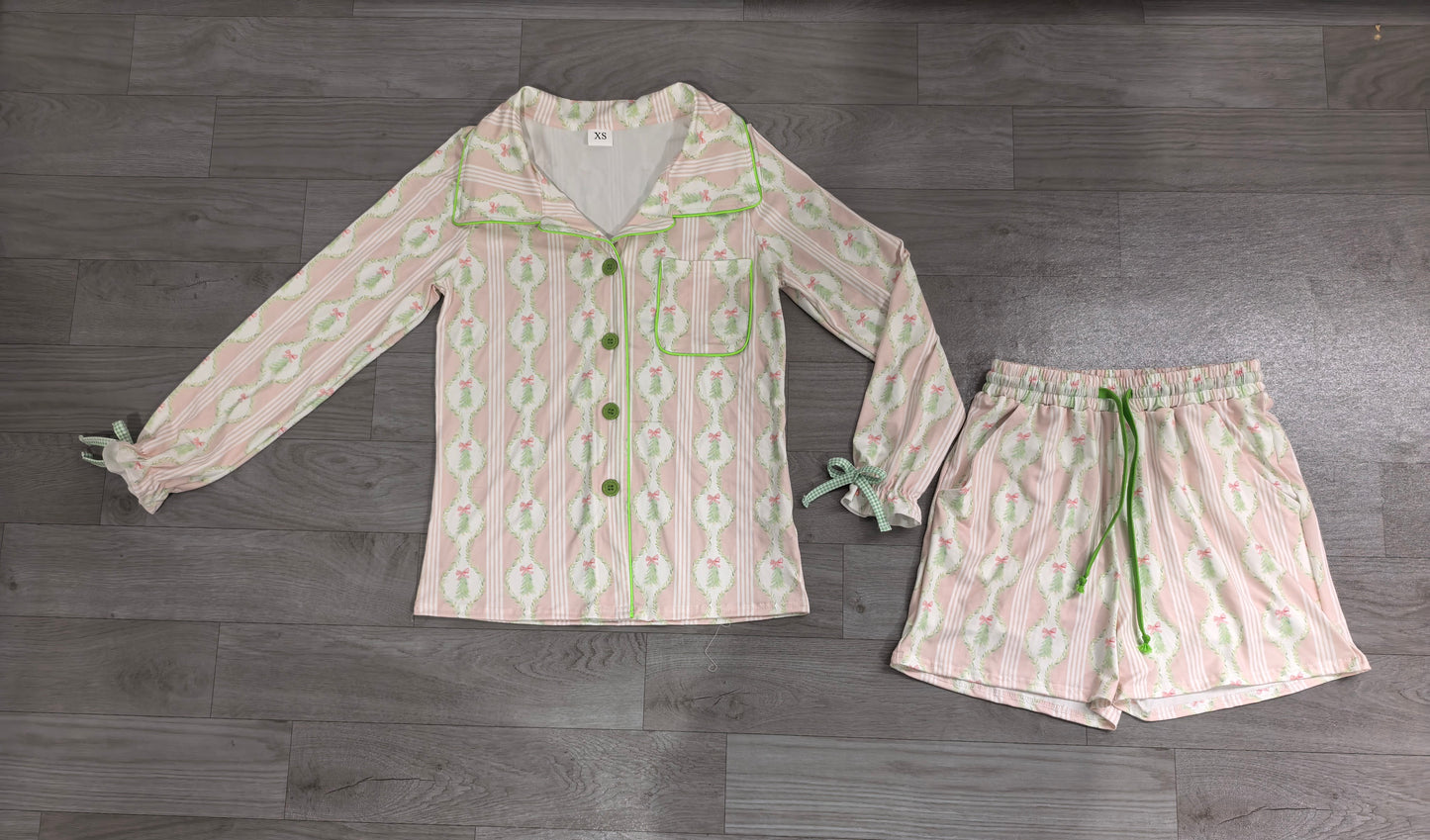 Adult Women Bows Trees Button Pocket Top Shorts Christmas Pajamas Sets Preorder