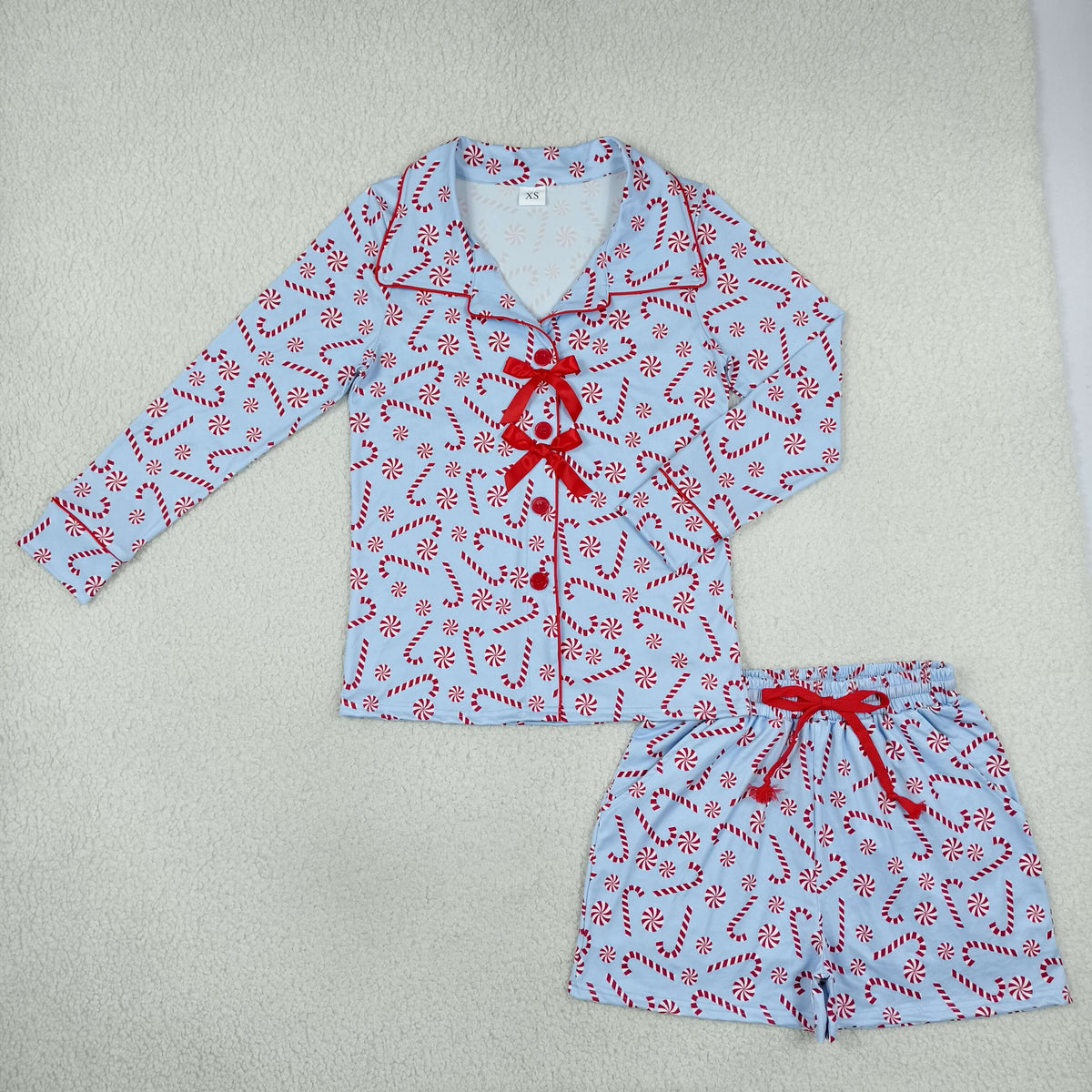 Adult Women Candy Cane Button Pocket Top Shorts Christmas Pajamas Sets