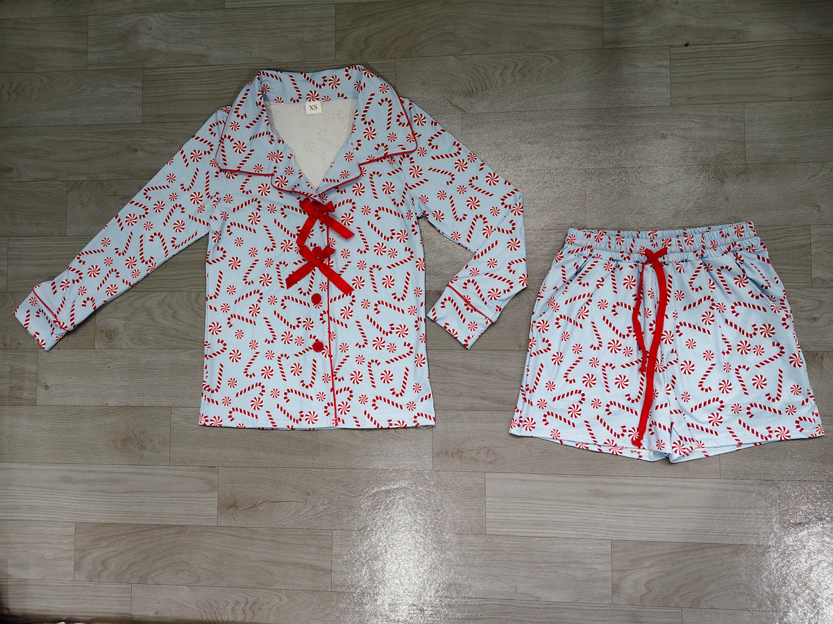 Adult Women Candy Cane Button Pocket Top Shorts Christmas Pajamas Sets Preorder