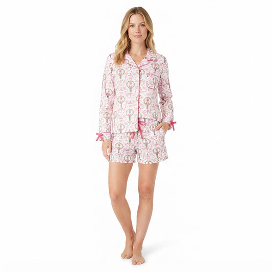 Adult Women Soldiers Holly Button Pocket Top Shorts Christmas Pajamas Sets