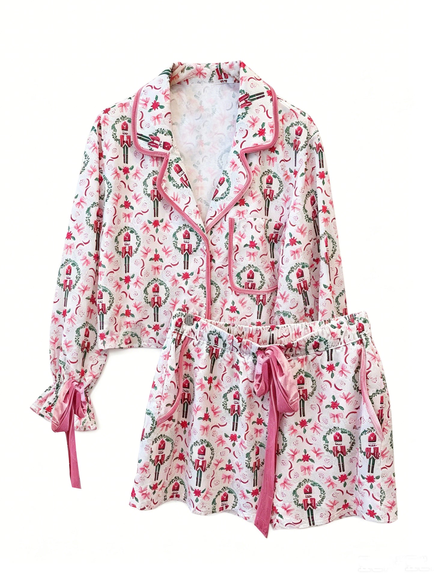 Preorder moq 5 Adult Women Soldiers Holly Button Pocket Top Shorts Christmas Pajamas Sets