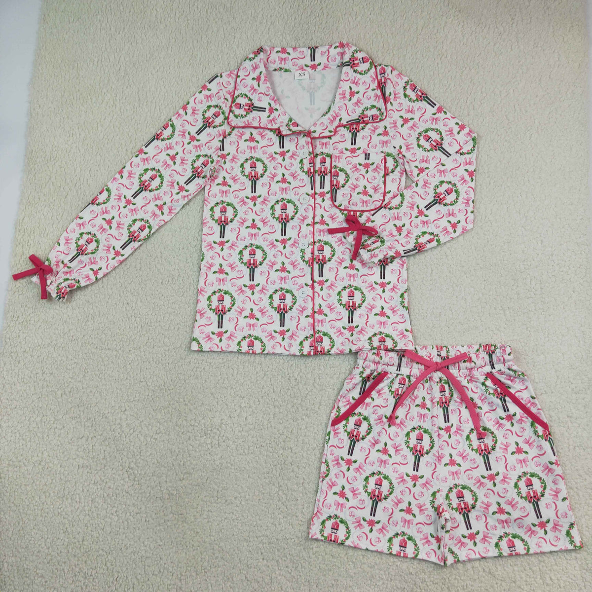 Adult Women Soldiers Holly Button Pocket Top Shorts Christmas Pajamas Sets