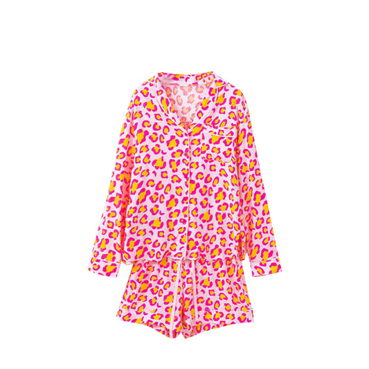 Preorder moq 5 Adult Women Pink Leopard Button Pockets Top Shorts Pajamas Sets