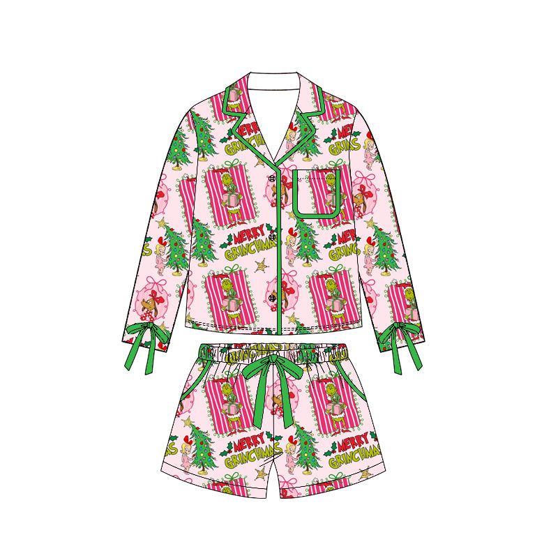 Preorder moq 5 Adult Women Green Frogs Gifts Button Pockets Top Shorts Christmas Pajamas Sets