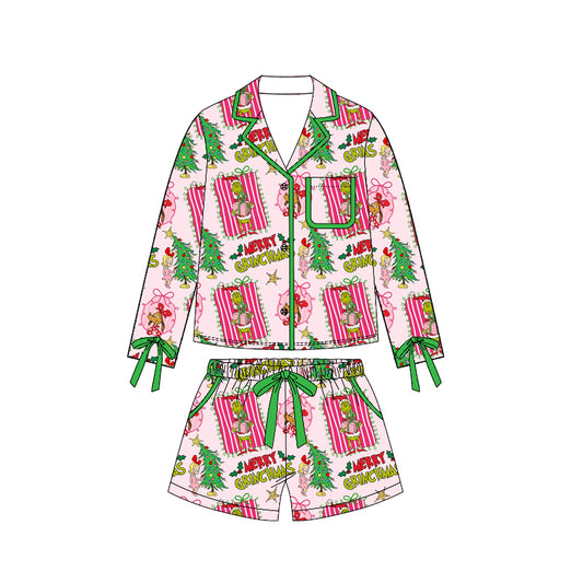 Preorder moq 5 Adult Women Green Frogs Gifts Button Pockets Top Shorts Christmas Pajamas Sets