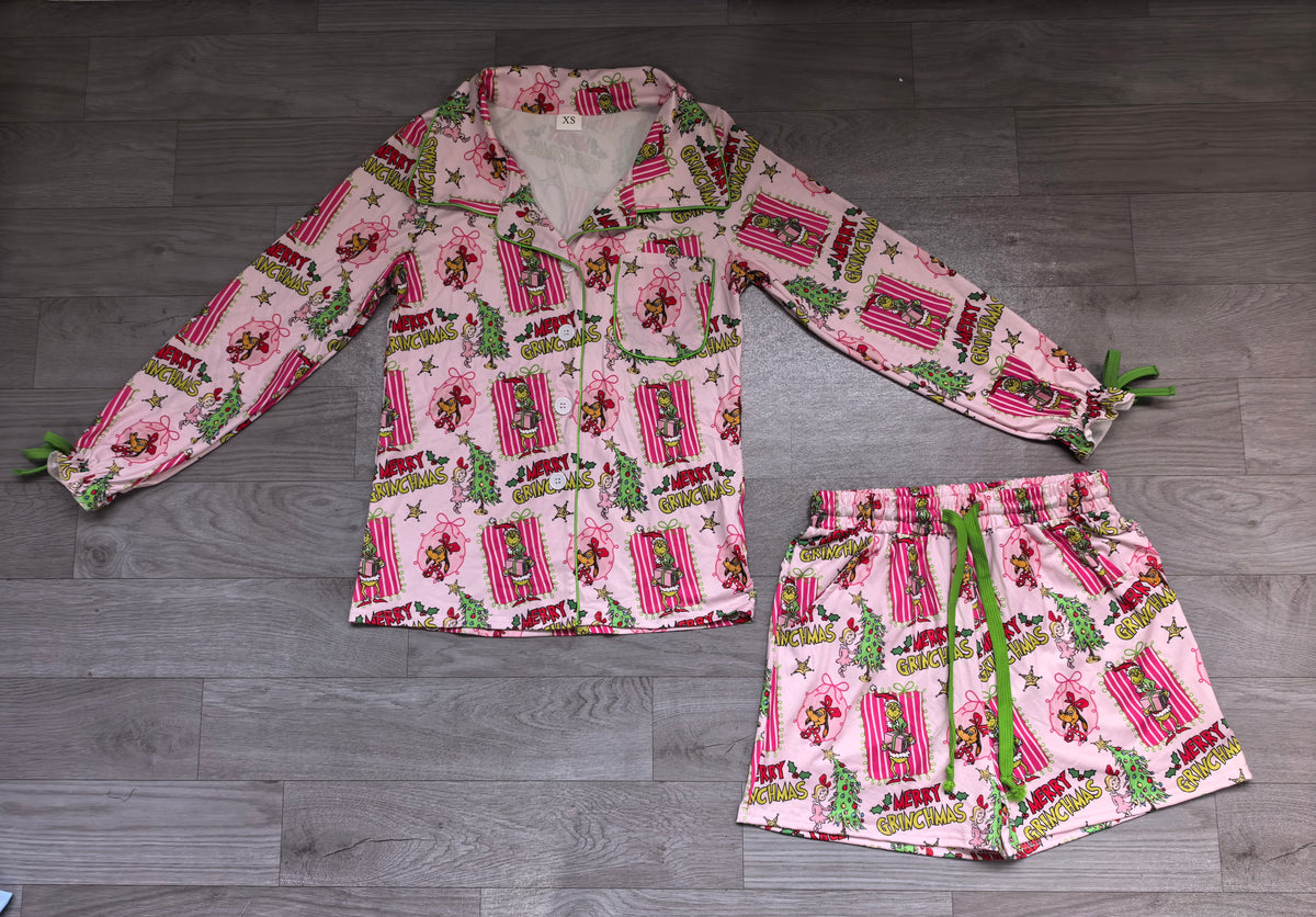 Adult Women Green Frogs Gifts Button Pockets Top Shorts Christmas Pajamas Sets Preorder