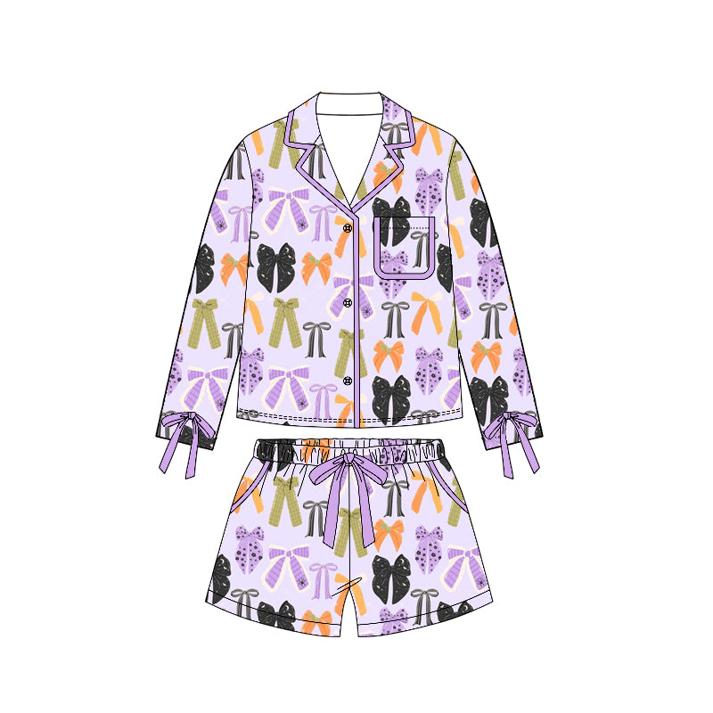 Preorder moq 5 Adult Women Spider Bows Button Pockets Top Shorts Halloween Pajamas Sets