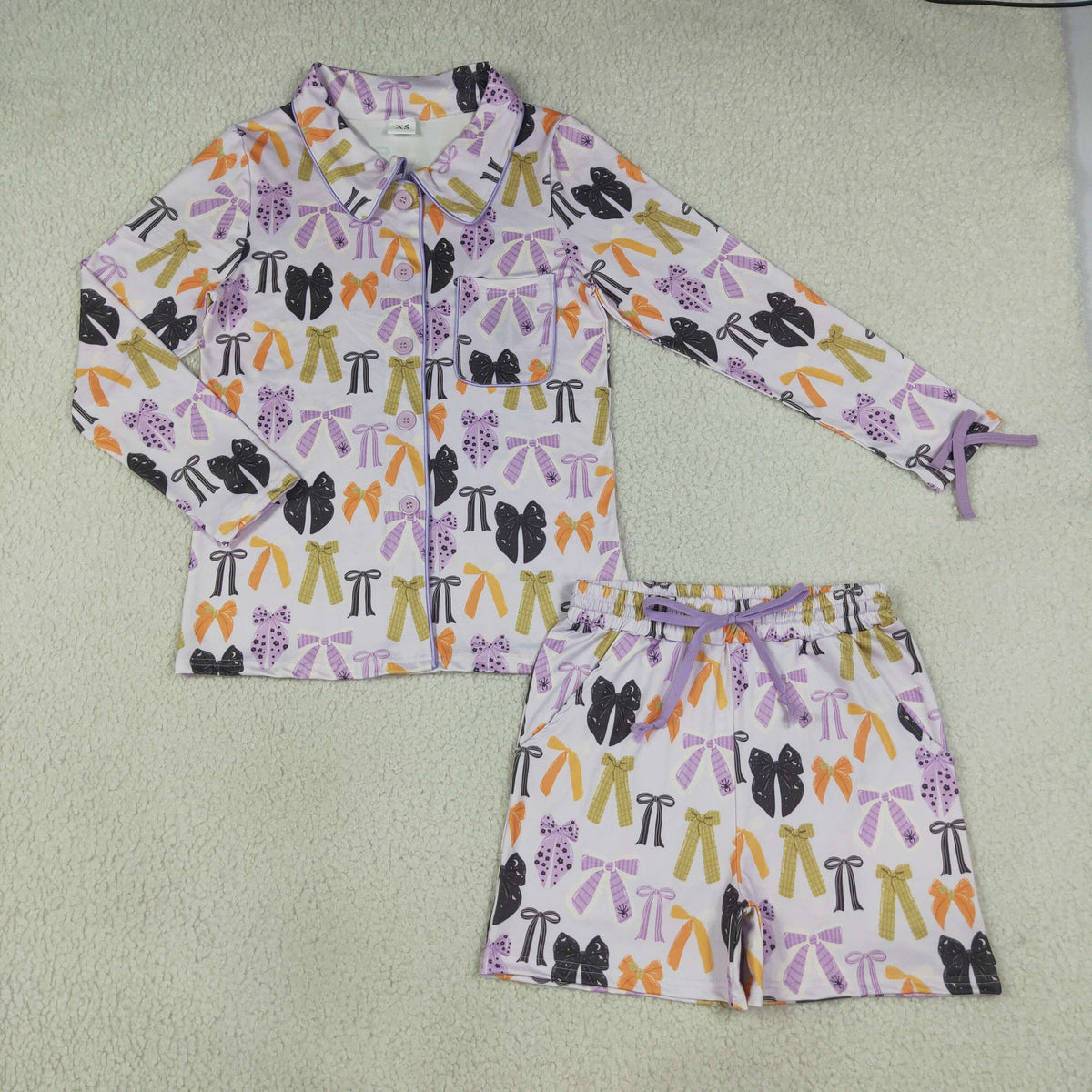 Sibling Adult Women Long Sleeve Trees Bows Button Pockets Short Christmas Halloween Pajamas Sets