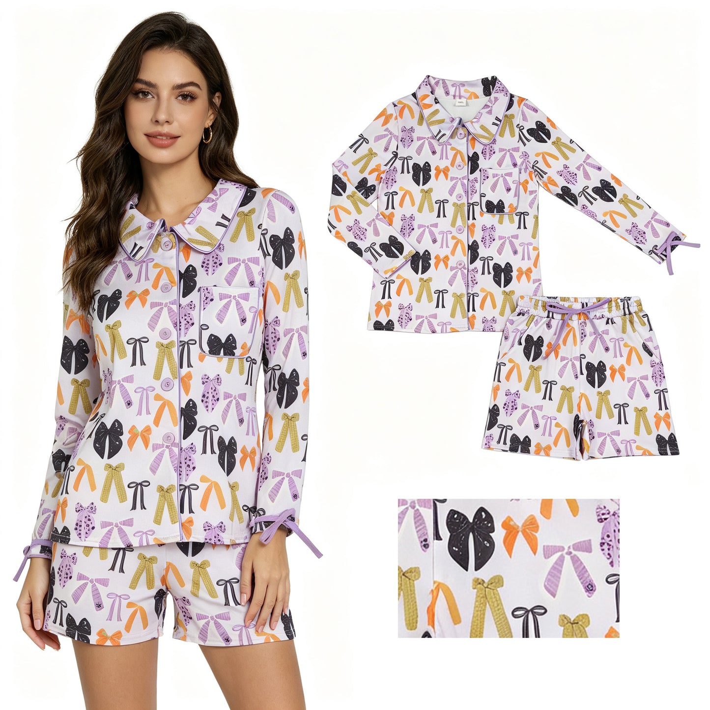 Adult Women Spider Bats Bows Long Sleeve Button Top Pockets Shorts Halloween Pajamas Sets