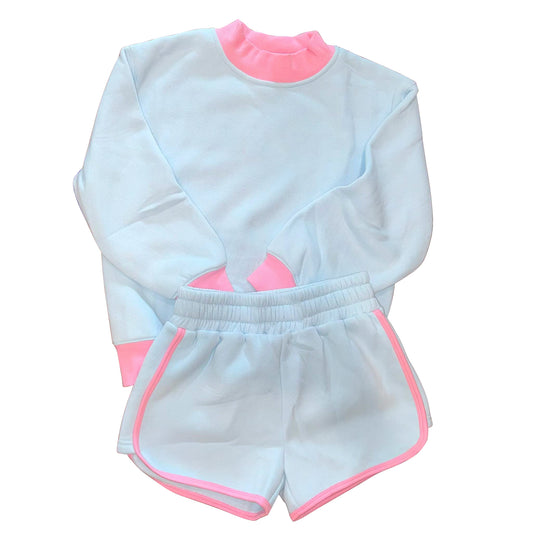 Preorder moq 5 Baby Girls Light Blue Shirt Top Short Yoga Active Clothes Set