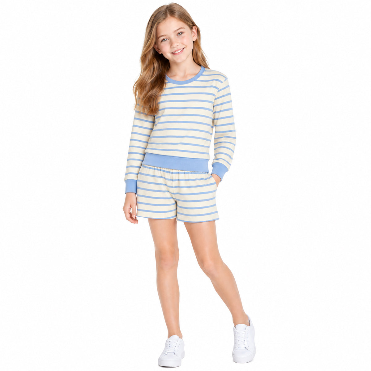 Baby Girls Yellow Blue Stripe Shirts Pockets Short Yoga Active Clothes Set