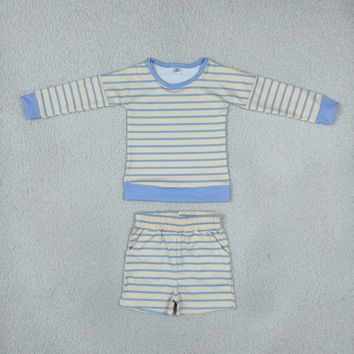Mama and Me Girls Blue Stripe Long Sleeves Shirt Pockets Short Yoga Active Clothes Sets