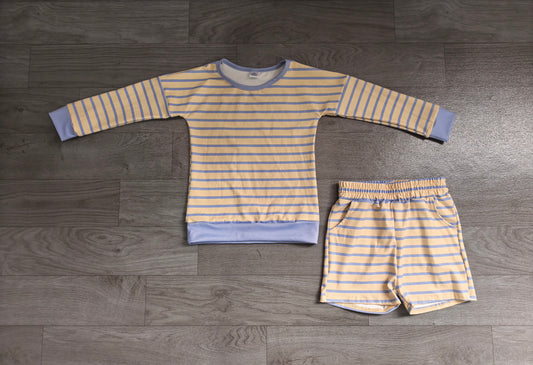Baby Girls Yellow Blue Stripe Shirt Top Short Yoga Active Clothes Set Preorder